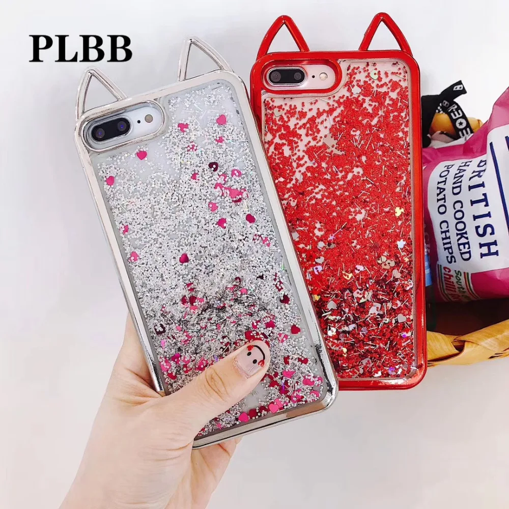 Модный чехол PLBB для девушек с милыми кошачьими ушками блестками пудрой жидкостью