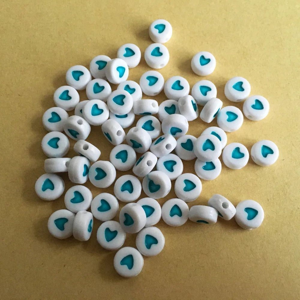 

Newest Aqua Sky Blue Heart Printing Acrylic Flat Round Beads 3600PCS 4*7MM Plastic DIY Jewelry Plastic Bracelet Spacer Beads