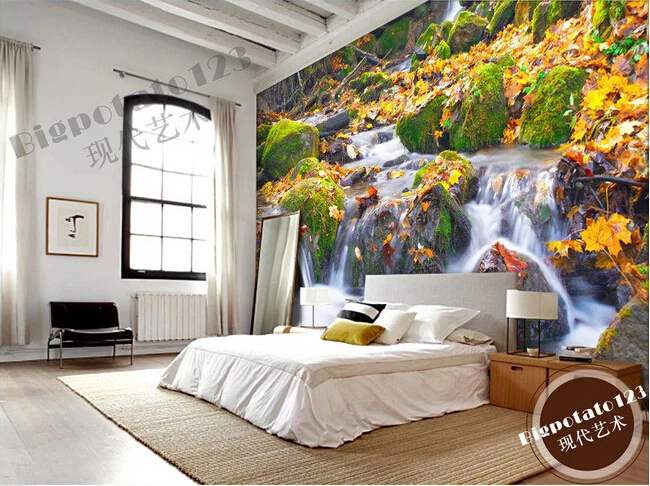 The latest 3D murals Moss stone deciduous streams and waterfalls landscape photography living room TV sofa bedroom wall paper |