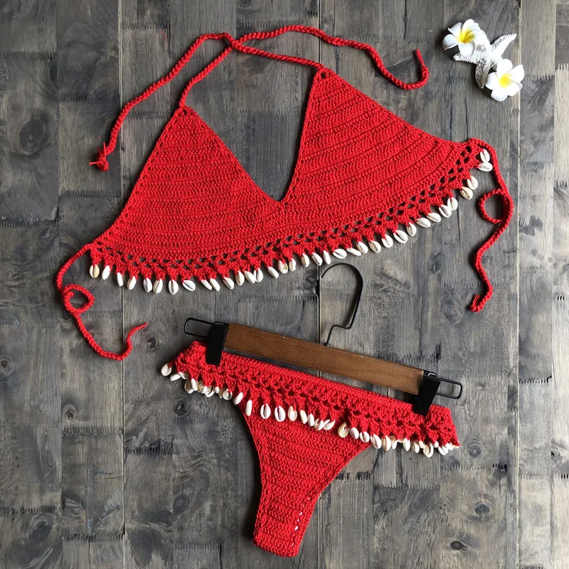 Комплект бикини женский вязаный крючком ажурный купальник с лямкой на шее