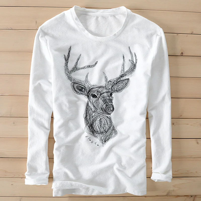 

New brand t shirt men long sleeve cotton t-shirt men embroidery deer-head casual tshirt men autumn fashion t shirts male chemise