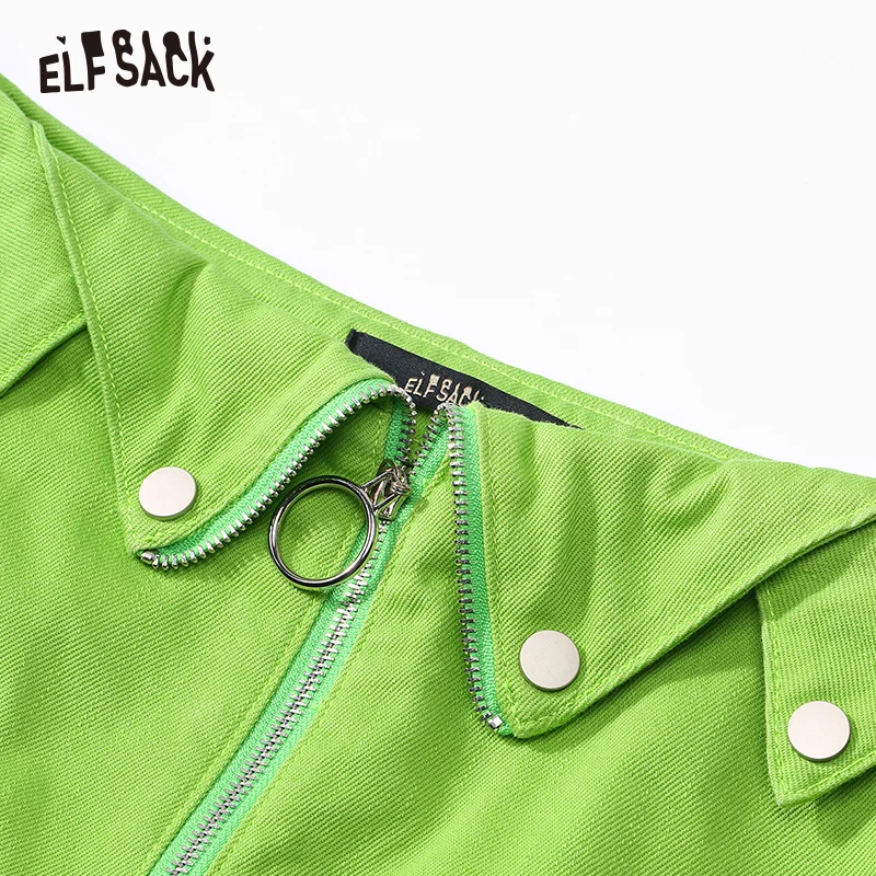 Женская джинсовая мини юбка ELF SACK зеленая уличная с молниями средней посадки