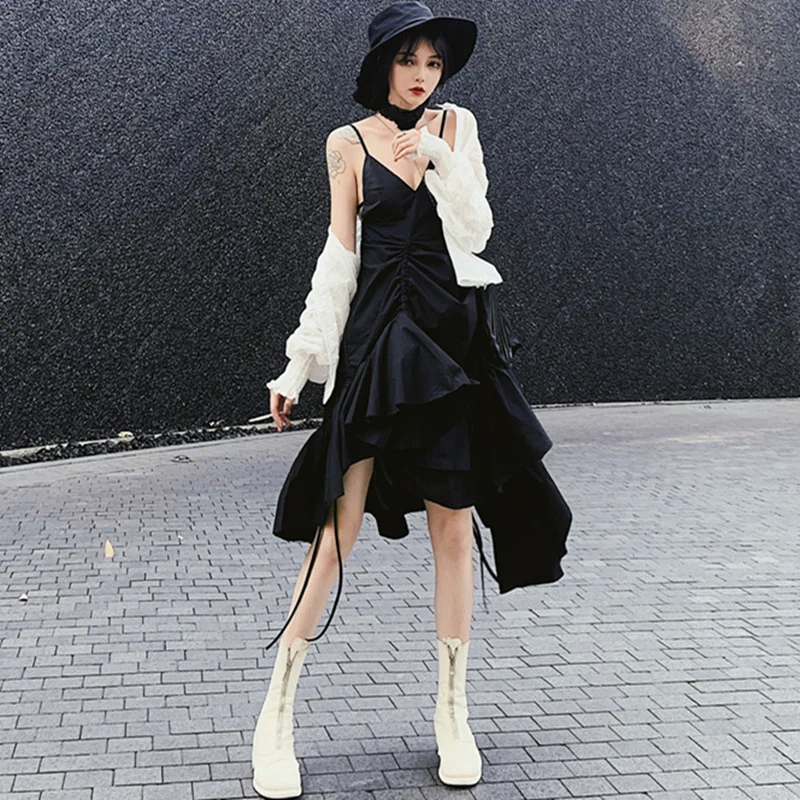 Gothic Dress Women Summer Holiday Style V-Neck White Spaghetti Strap Ladies Asymmetric Ruffle Backless Dresses robe femme | Женская