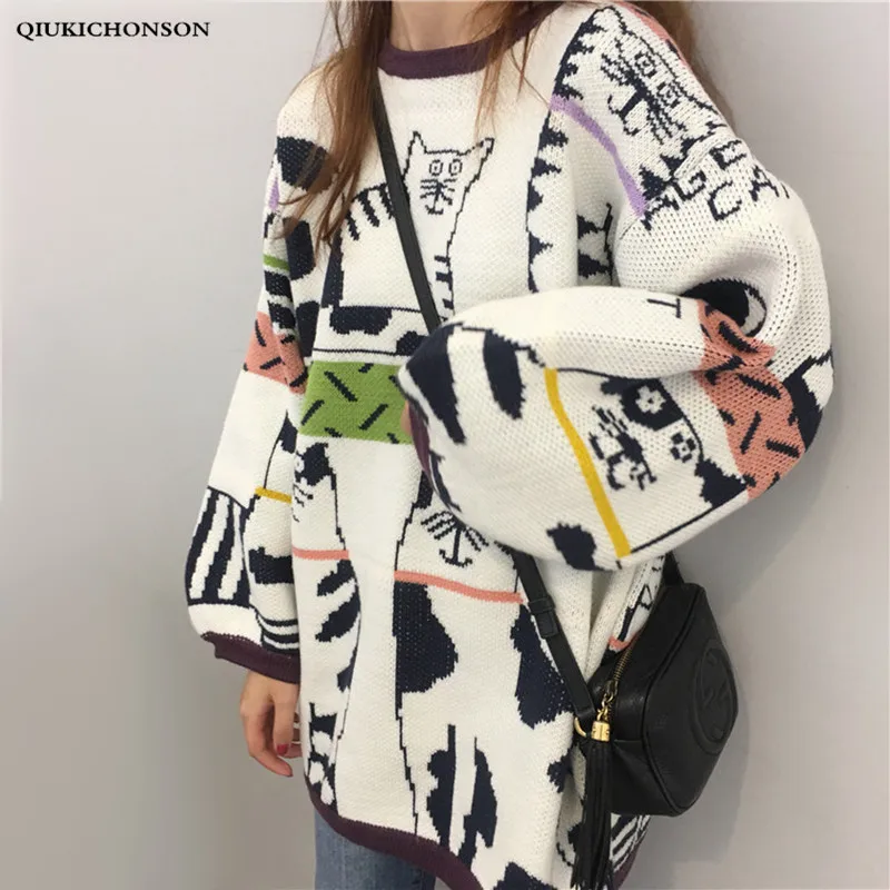 Super Cute Kawaii Cartoon Cat Sweater Women Autumn Winter Loose Long Pullovers Knitted Plus Size Knitwear Jumpers Ladies | Женская