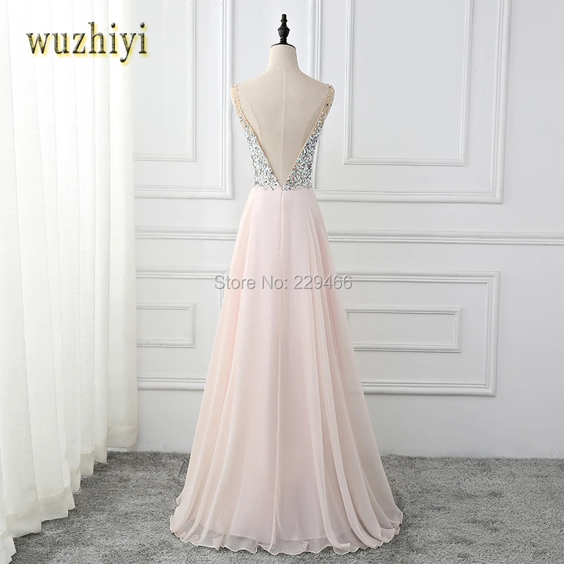 

wuzhiyi High Side Split Prom Dresses 2018 Sexy V Neck Backless Pink Chiffon with Crystal beading A line Prom dress Evening Party