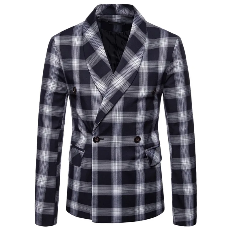 AOWOFS плед блейзеры Для мужчин костюмы Мода одной кнопки пиджак Slim Fit клетчатый Для мужчин s Блейзер Одежда сцены - Цвет: Navy