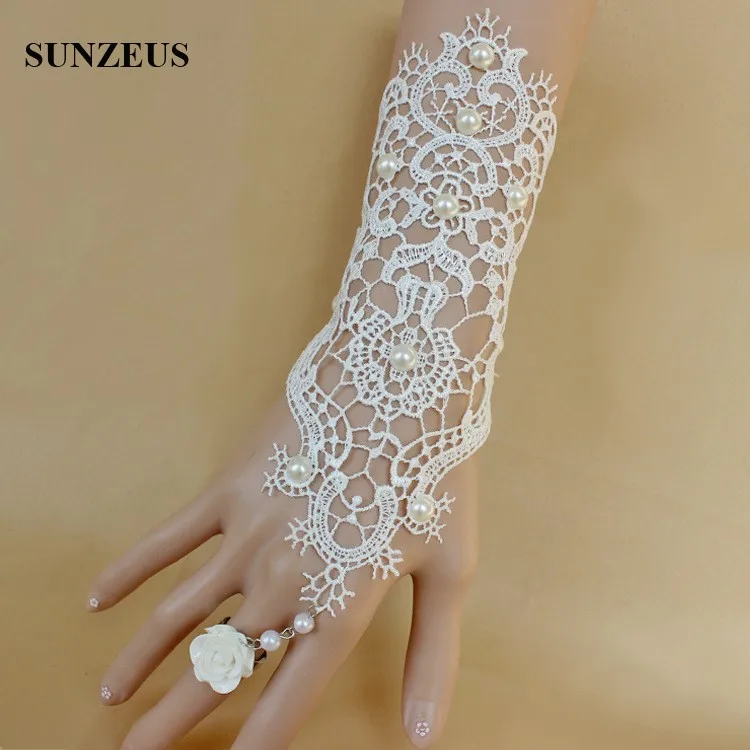 Короткие Свадебные перчатки без пальцев кружево с бусинами свадебные жемчугом