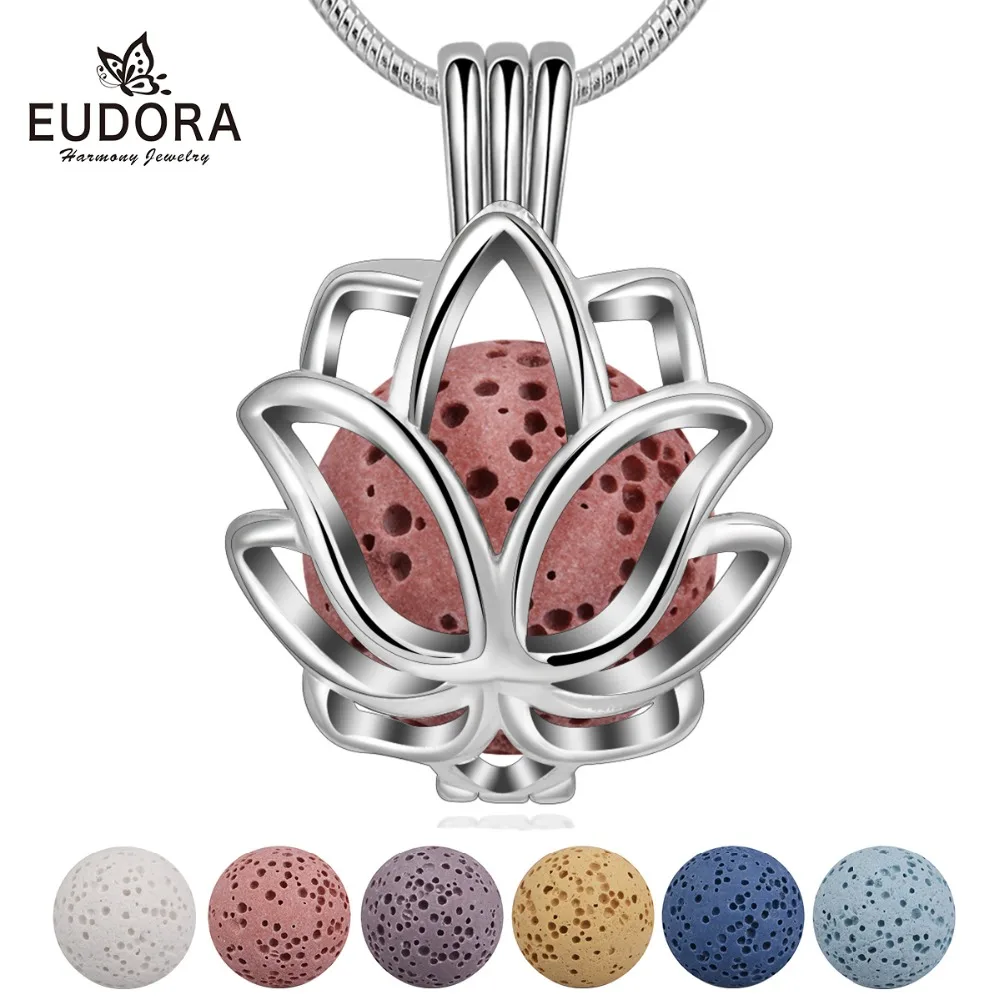 EUDORA 14 мм Lotus blossom Медальоны кулон ароматерапия медальон диффузор ожерелье fit камень из вулканической лавы мяч хорошее ювелирное изделие K325