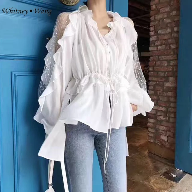WHITNEY WANG 2019 весна осень мода уличная сетка Pathcwork шифоновая блузка с оборками