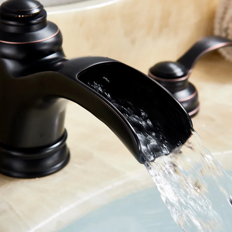 Suguword ORB Bathroom Sink Faucet Mixer Tap Hot and Cold Water Switch Dual Handle 3 Hole Widespread Install Waterfall Waterway |