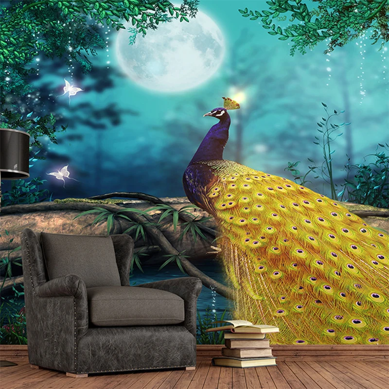 

Custom 3D Wall Murals Wallpaper Moon Peacock Forest Photo Wall Painting Living Room Bedroom Background Decorative Art Wallpaper