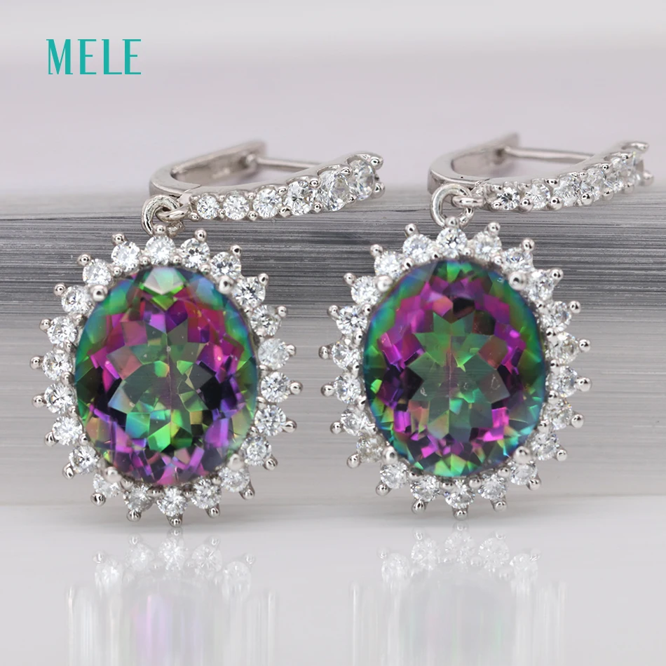 Меле натуральные Мистик кварты серебряные серьги большой овальный 10 мм * 12 Радуга
