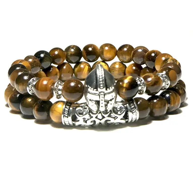 Tiger eye Noter 2 шт./компл. Античная Спартак браслет со шлемом Для мужчин натуральный Лава тигровый глаз халцедон резной браслет в этническом стиле пара браслет - Окраска металла: Tiger eye
