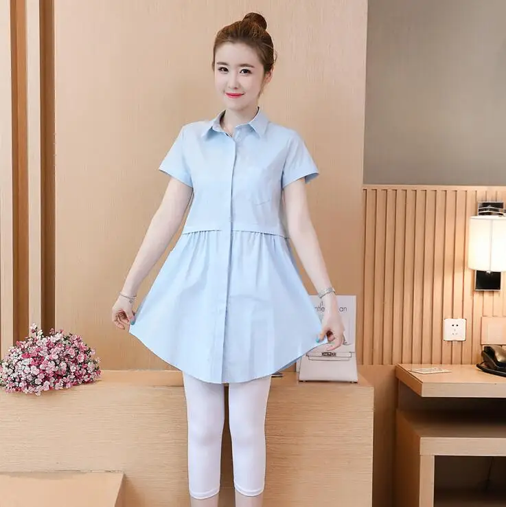 Short Sleeve Blue 9938# весна лето модные белые хлопковые блузки для беременных свободные рубашки Одежда для беременных женщин топы для беременных - Цвет: Short Sleeve Blue