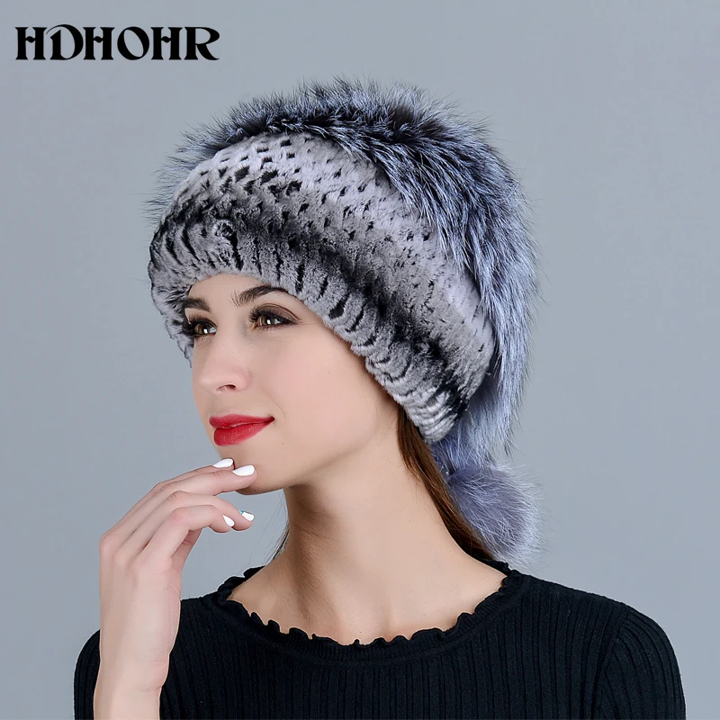 HDHOHR 2020 модная зимняя шапка из натурального меха женская кроличьего с вязаными