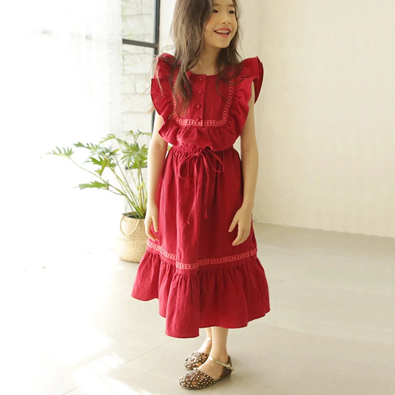 4 -14 Yrs Teenage Girls Red Long Dress 2021 Summer Elegant Ruffle Sleeveless Frocks For Simple Cotton | Детская одежда и обувь