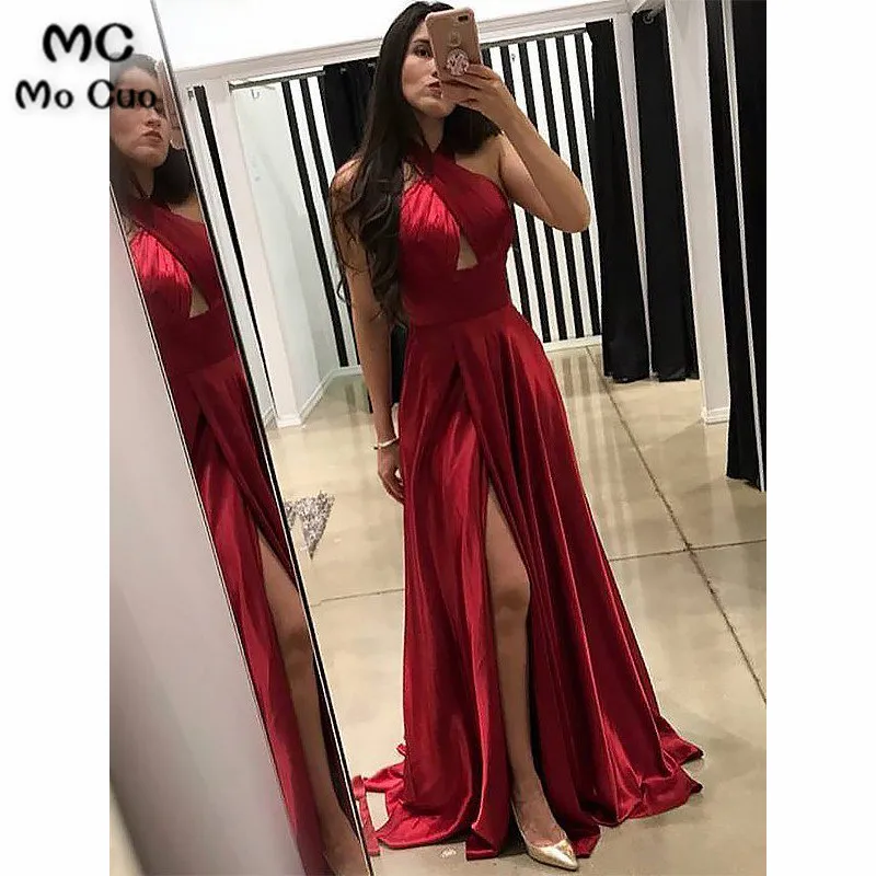In Stock 2019 Burgundy Evening Dresses Long with Pockets Draped Robe de soiree Halter Satin Backless Party | Свадьбы и торжества