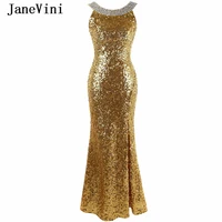 janevini 2018 sexy mermaid gold sequins crystal long bridesmaid dresses for wedding party backless floor length prom party gowns