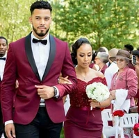 2019 new style burgundy groomsmen suit groom tuxedos shawl lapel men party suits with pants wedding best man blazer bridegroom