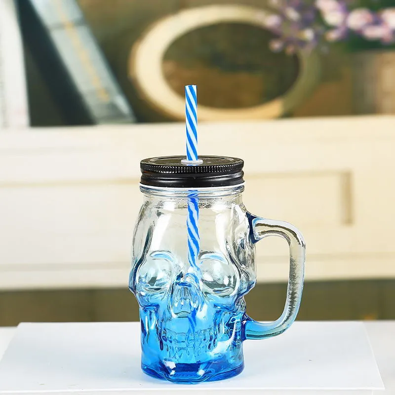 Blue Череп кружка с соломкой с ручка для крышки масонская бутылка сок, напиток кружка с ремнем градиент необычная кружка холодный напиток чашка стеклянные банки L31C - Цвет: Blue