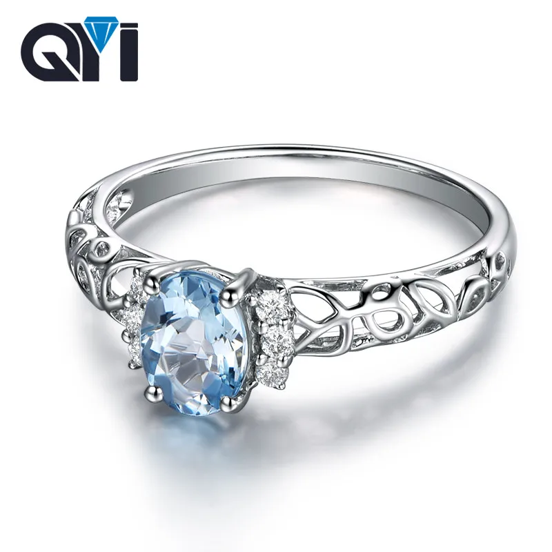 

QYI 1.25 Ct Oval Cut Natural Sky Blue Topaz Ring 925 Sterling Silver 4 Prong Engagement Gemstone Ring For Women Party Jewelry