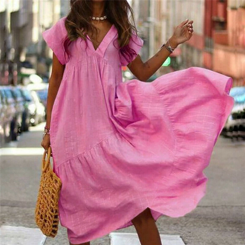 New Women's Boho Pure Color Dress V-neck Long Maxi Ladies Short Sleeve Loose Holiday Beeach Party Wear Summer 2019 | Женская одежда