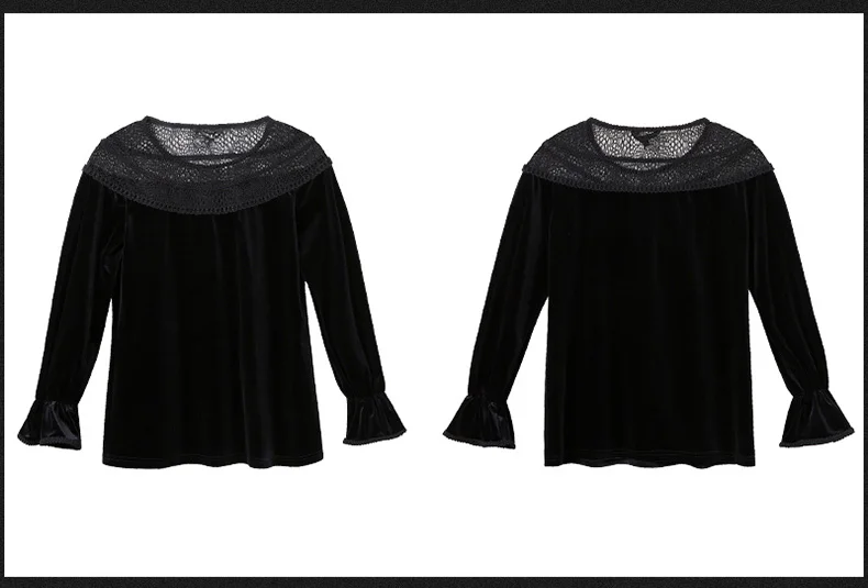 

New2017Fashion ladies butterfly sleeve Gold velvet tops lace patchwork temperament hollow out sexy blouse plus size M-XXXXXL 5XL