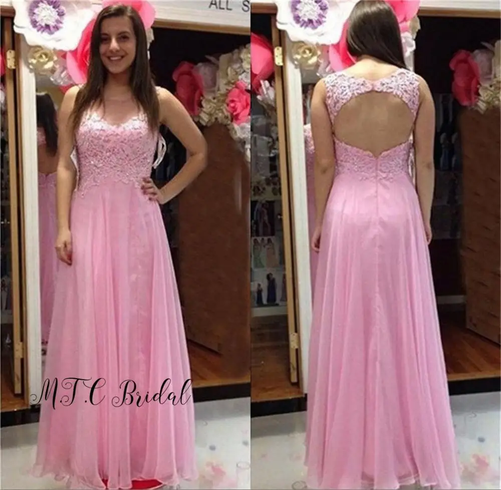 

Lovely Pink Backless Evening Dress Graceful Lace Top A Line Chiffon Long Prom Gowns 2019 Hot Selling Women Wedding Party Dresses