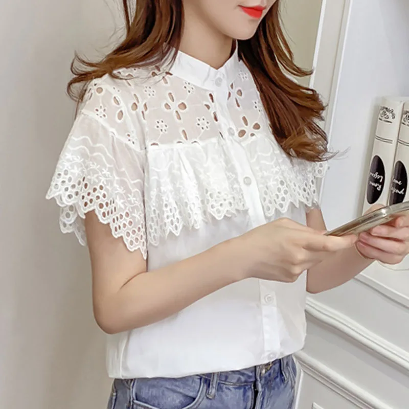 Модные женские топы и блузки 2020 кружевная блузка рубашка белая с коротким