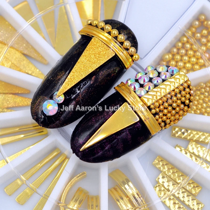 Смешанные стили золотые металлические 3d декорации для ногтей бусины слитки