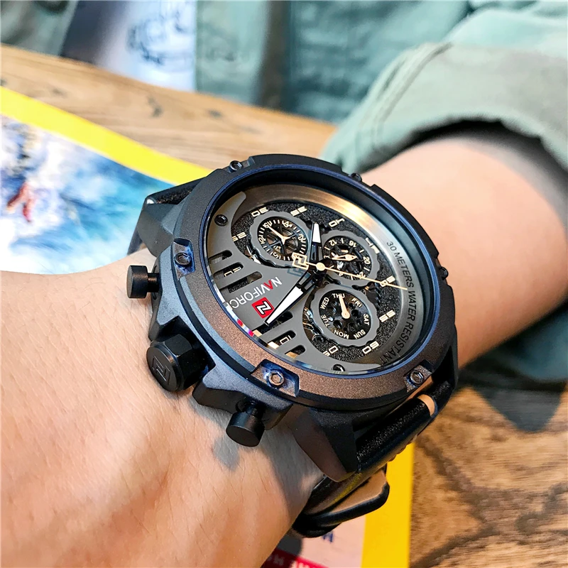Часы наручные Naviforce мужские с кожаным ремешком модные многофункциональные