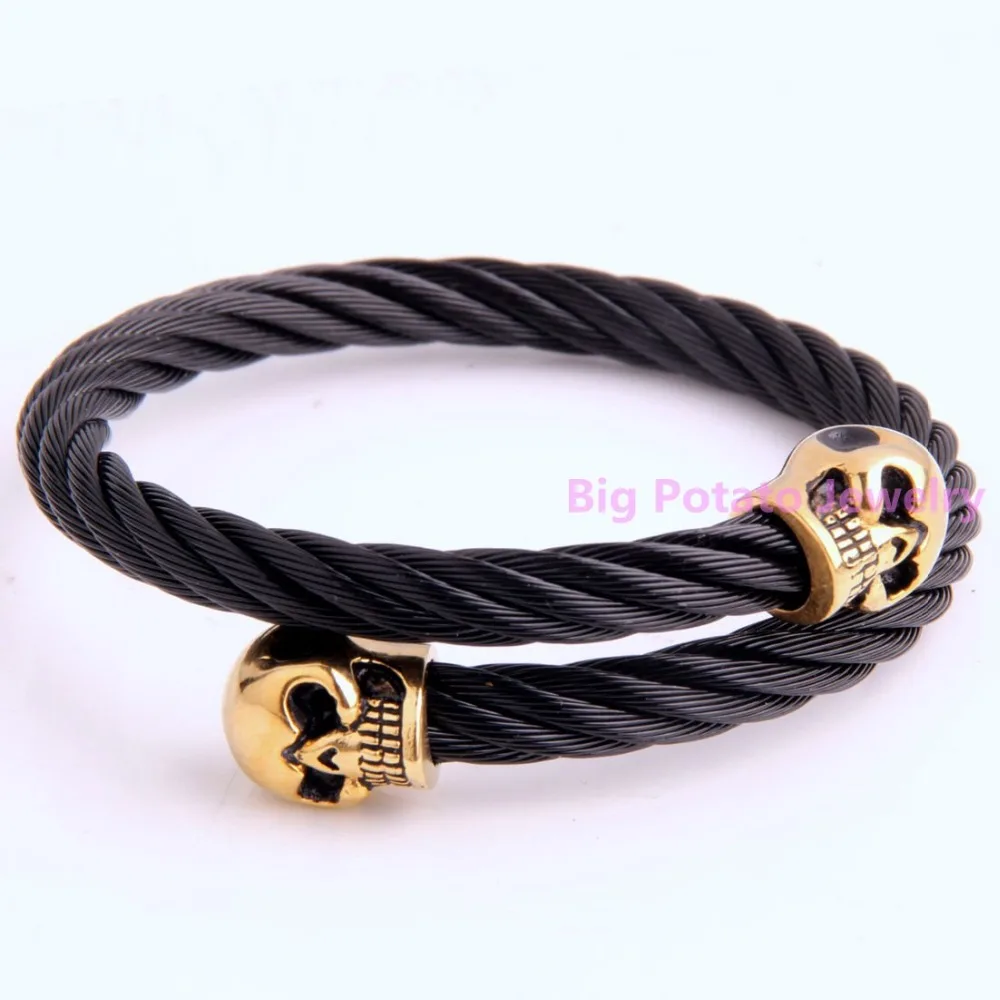 Top Hot Sell 316L Stainless Steel Black Wire Gold Skull Bracelet Bangle 55mm Inner 6mm Width Cool Mens Wrist Jewelry Low Price | Украшения