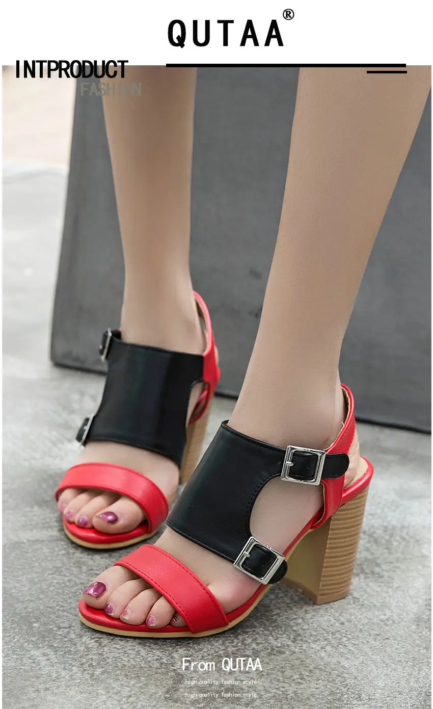 QUTAA Women Pumps Pu Leather Women Sandals Platform All Match Square High Heel Peep Toe Shoes Ladies Sandals Size 34-43