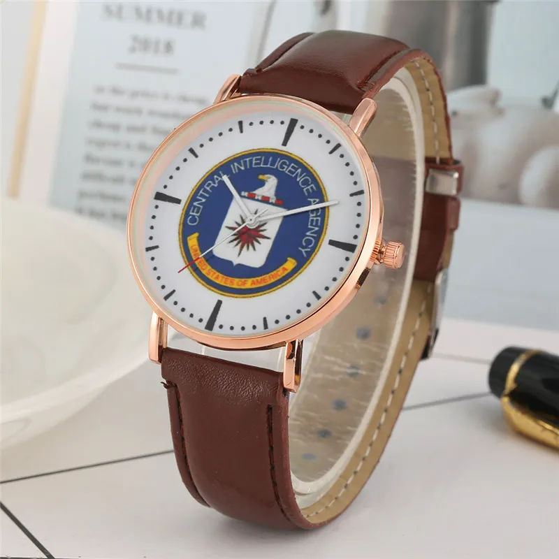 YISUYA Quartz Mens Watch CIA Logo Dial Leather Band Wristwatch Male Clock Watches 2 Colors Fashion Gifts horloges mannen