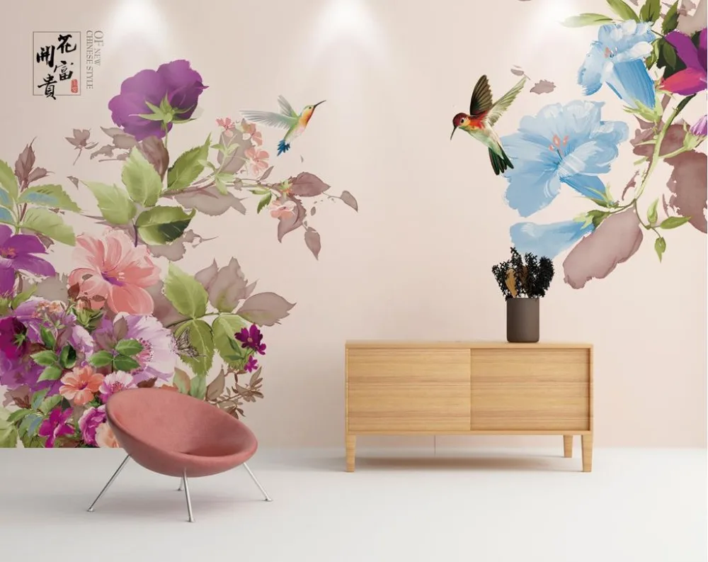 

Пользовательские короткие модные виниловые обои цветы и птицы в китайском стиле 3D обои для гостиной розовые фоновые обои для ТВ