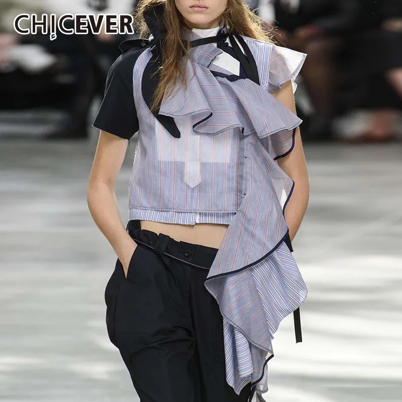 Женская блузка в полоску CHICEVER повседневная Асимметричная Свободная с оборками и