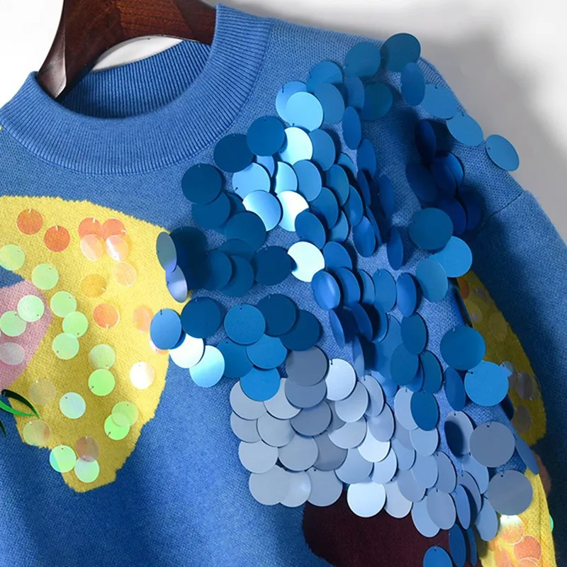 2020 Spring New Fashion Women Short Sweaters Full Sleeve O-Neck Sequined Blue Pullovers Computer Knitted Pageant | Женская одежда
