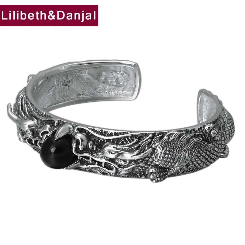 

2019 Vintage Opening Bangle 100% 925 sterling silver fine jewelry Women Men Inlaid obsidian Dragon play bead Bracelet Bangle B20
