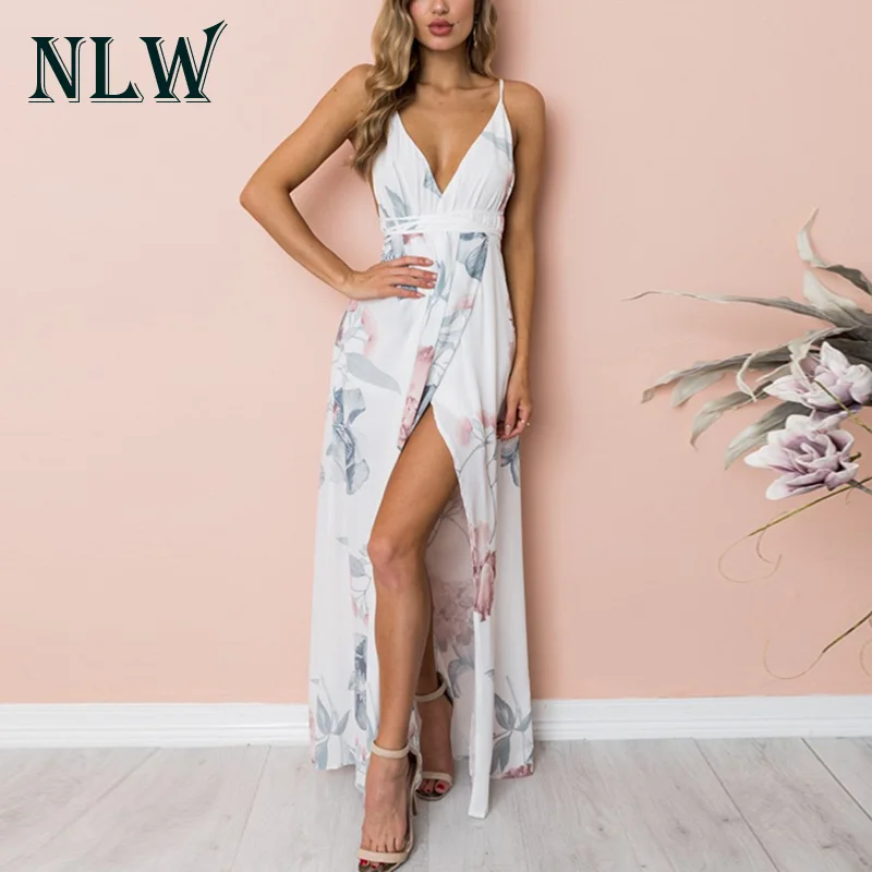 NLW цветочный принт Boho женские платья 2019 летние пляжные вечерние с v-образным