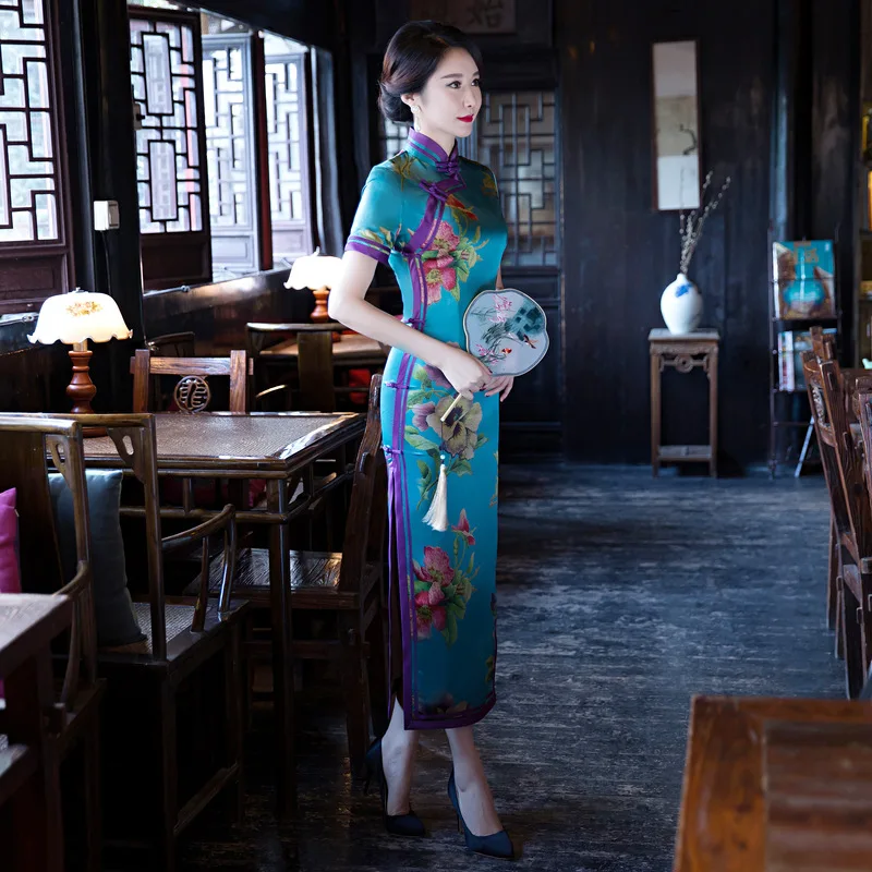 Изящное синее женское шелковое платье Qipao с цветочным принтом повседневное