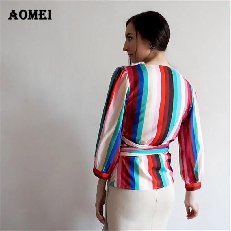 Блузка женская в радужную полоску с баской V образным вырезом и поясом|shirts for