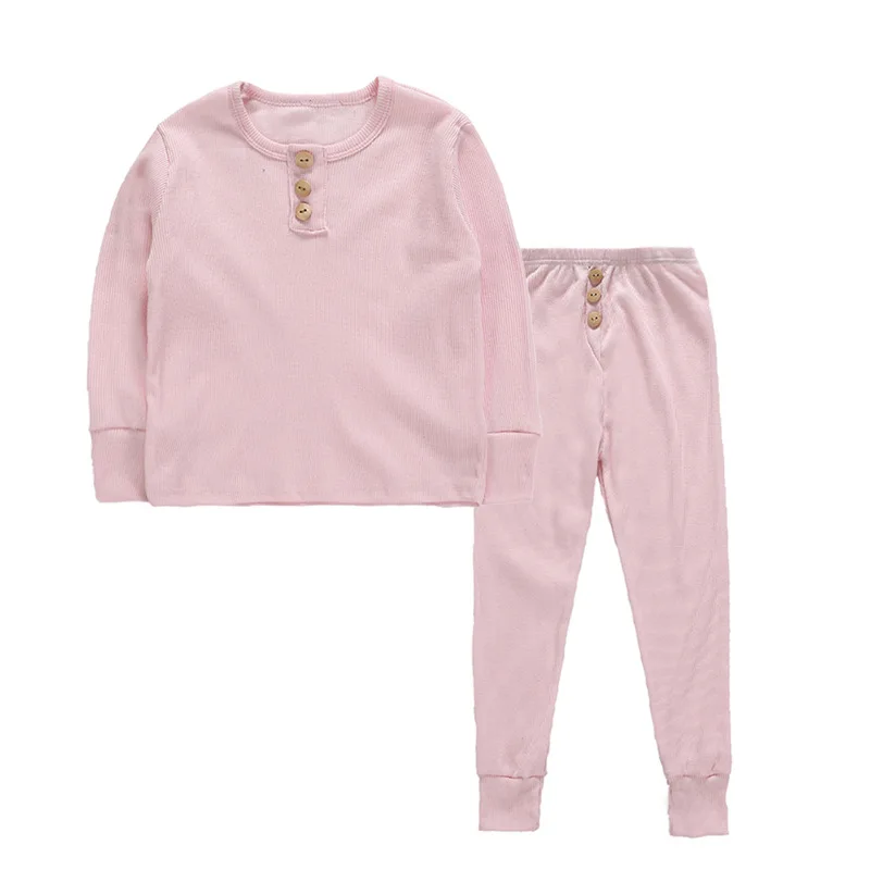 Pink Детские пижамы в рубчик; комплекты из топа и штанов; одежда унисекс для мальчиков и девочек; одежда для малышей; пижамный комплект; одежда для сна - Цвет: Pink