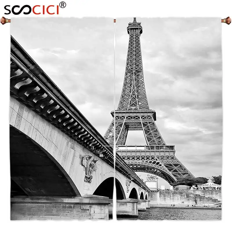 

Window Curtains Treatments 2 Panels,Eiffel Tower Decor Collection Eiffel Tower Cloudy Sky View from Seine River under the Bridge