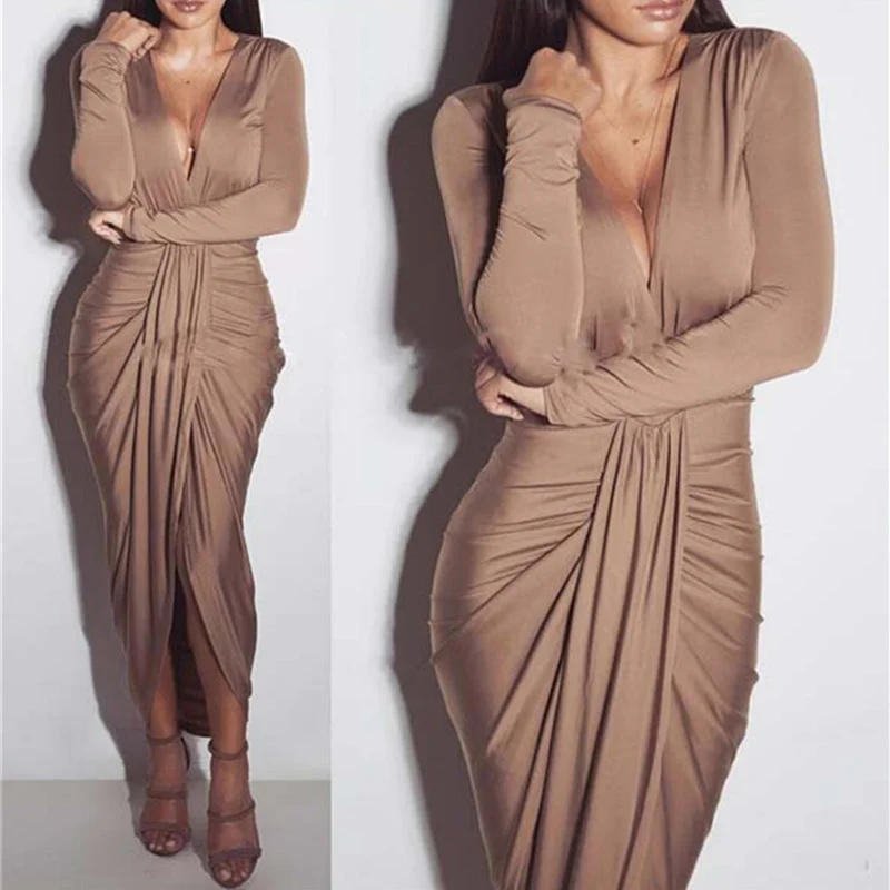 Женское платье миди с высоким разрезом и глубоким v образным вырезом Платье