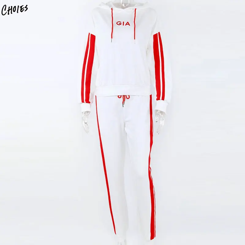 WomenTracksuit полосой вышивки письмо толстовка с длинным рукавом и длинные брюки
