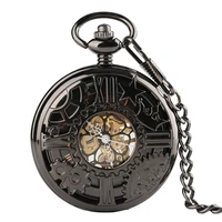 black hollow gear wheel design hand wind mechanical pocket watches with 30cm chain vintage skeleton dial men watches clock gifts