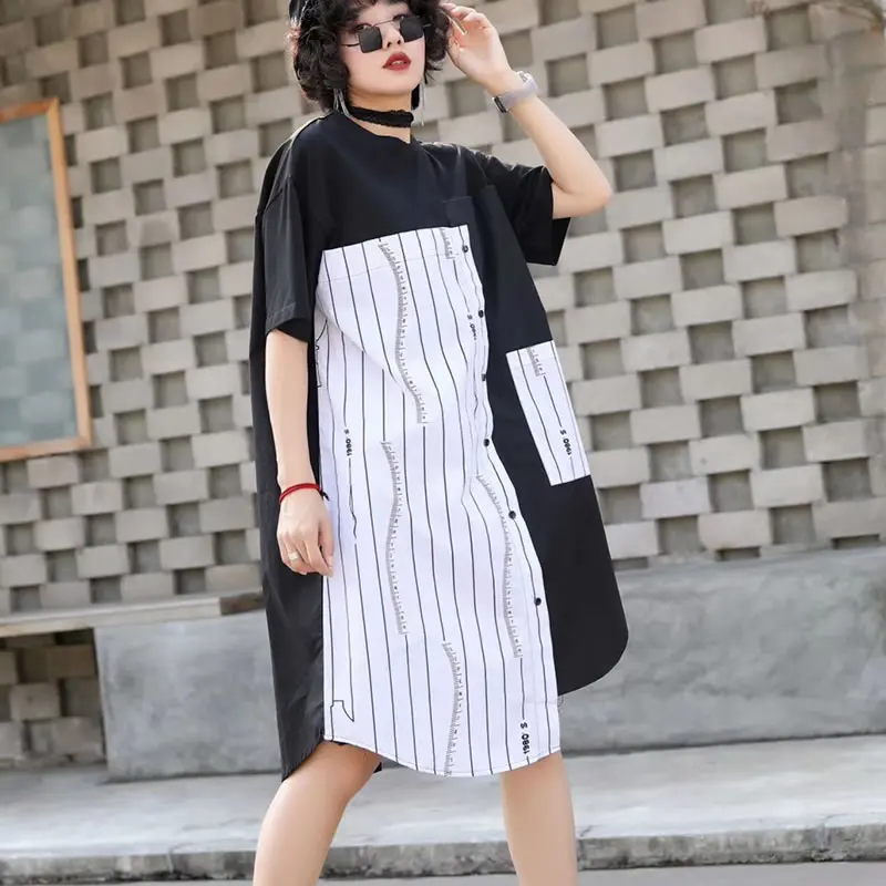 [XITAO] 2019 New Europe Casual Loose Short Sleeve Button Pocket Striped O-neck Fashion Asymmetry Knee-length Dress WBB3261 | Женская
