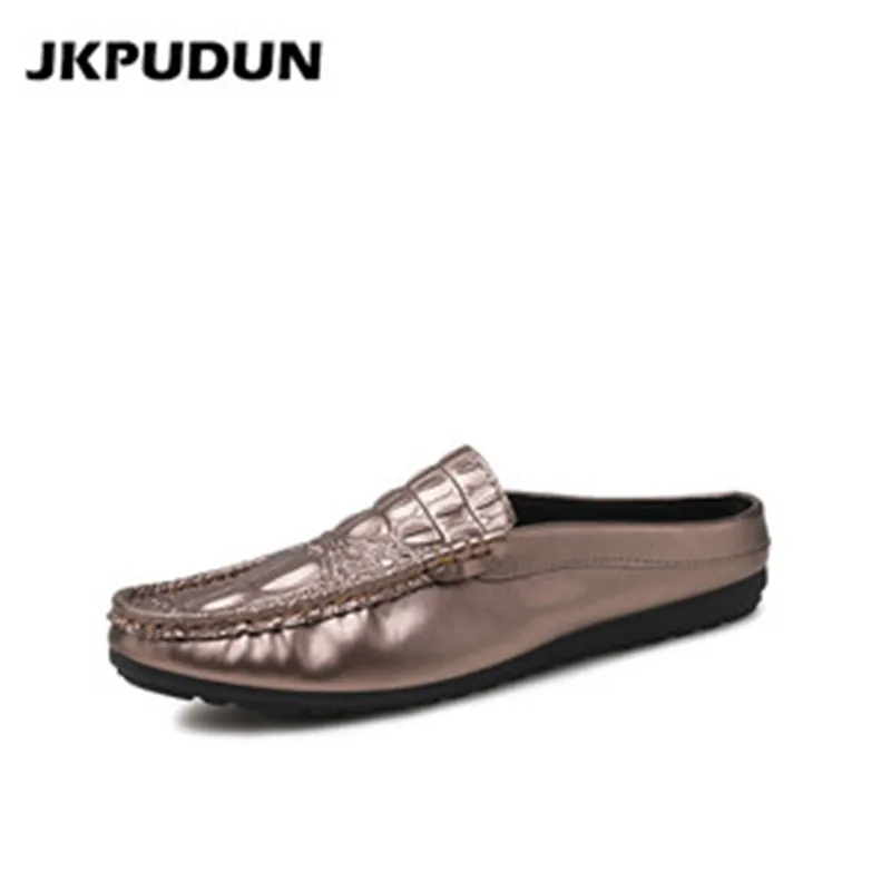 JKPUDUN Mens Summer Crocodile Shoes Casual Leather Slipon Loafers Luxury Italian Brand Half For Men Breathable Gold | Обувь