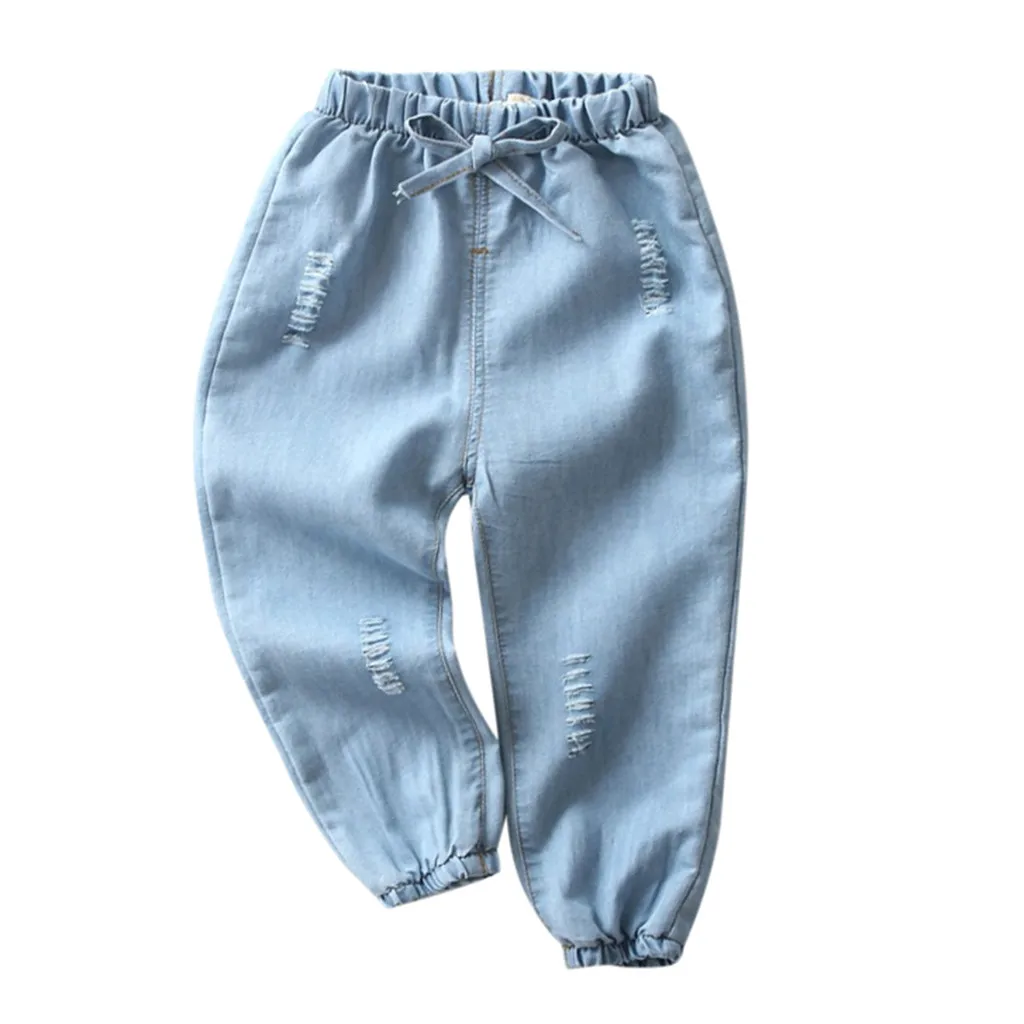 B Детские джинсы противомоскитные штаны для маленьких мальчиков и девочек длинные джинсовые штаны с дырками и рисунками джинсовая одежда с эластичной резинкой на талии для 12 мес.-3 лет FR5 - Цвет: B