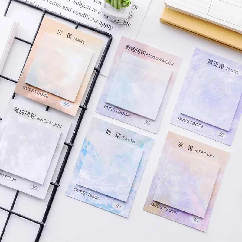 

6pcs Planet painting sticky note set Decorative rainbow color moon earth memo Guestbook Stationery Office School supplies A6341
